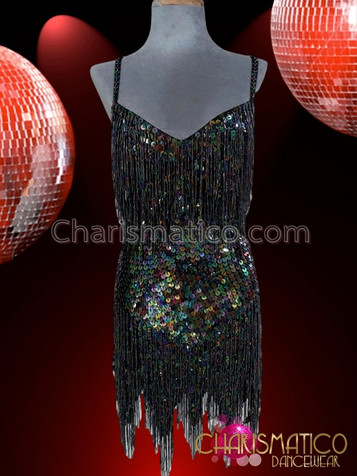 Shimmering Iridescent Black Sequin Latin Dance Dress With Beaded Fringe