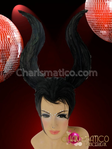 Classic Towering Steer Horn Style Black Glossy Feathered Maleficent Headdress