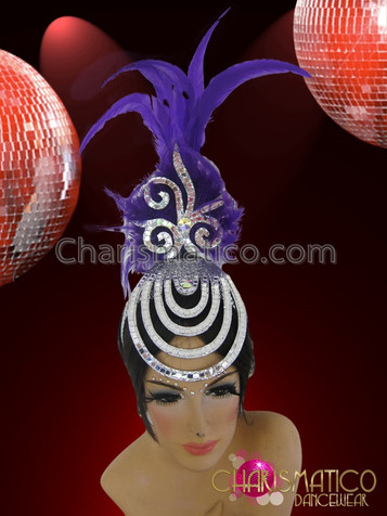 Diva's Silver Mirror Tile Accented Cap Purple Feather Cabaret Headdress