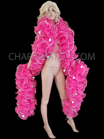 Neon Pink Organza Ruffle Boa With Silver Trim Sequins
