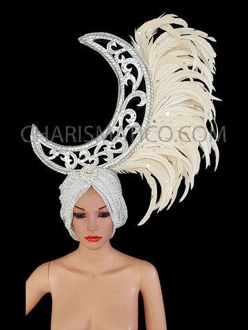 Silver Turban Off White Feather Moon Headdress