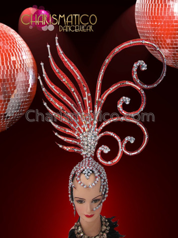 Iridescent Crystal Accented Asymmetrical Red Glitter Burlesque Diva Showgirl Headdress