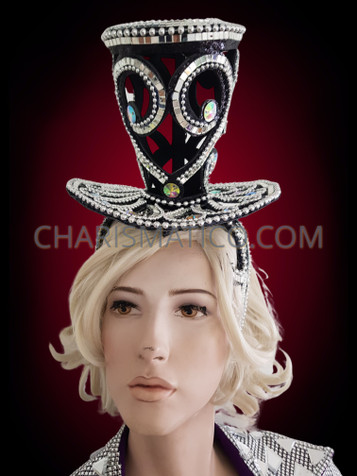 Cutout "White Rabbit" Silver Mirror Tile And Iridescent Crystal Top Hat Headdress