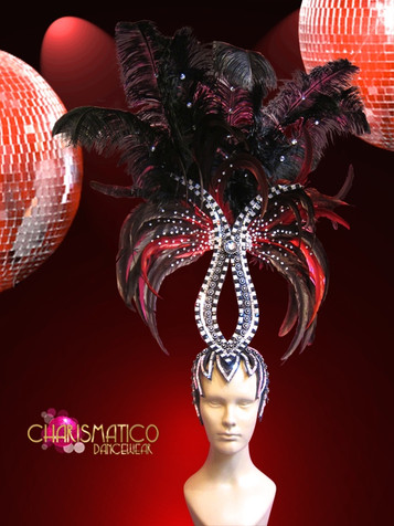 Glittery Black Crystal Accented Burlesque Showgirl's Red Ostrich Feather Headdress