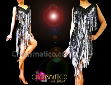 Diva's Black And White Sequin Fringe Latin Salsa Dance Dress
