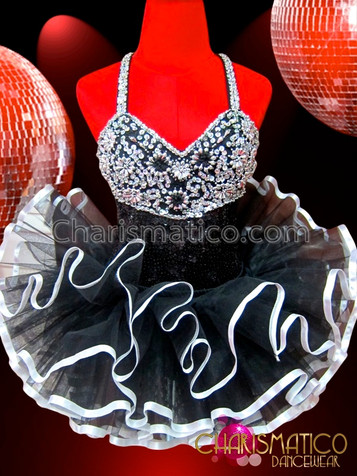 Silver Embellished Black Leotard With White Edged Net Ruffle Tutu