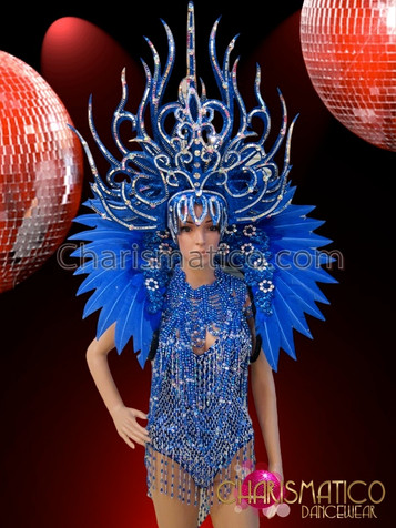 Metallic Silver Accented Royal Blue Diva Showgirl Burlesque Costume Set