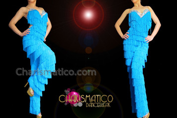 Iridescent Sequin  Accented Sky Blue Latin Salsa Fringe Dance Pants