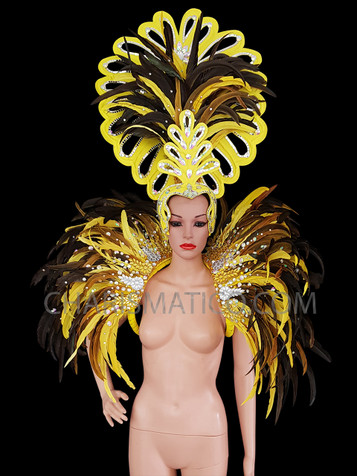 Crystal Accented Yellow Brazilian Carnival Showgirl's Headdress And Backpack Set