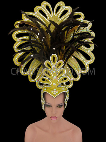 Silver Accented Crystal Embellished Brazil Carnival Yellow Glitter Feathered Headdress