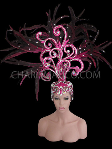 Exotic Diva Showgirl Feathered Crystal Enhanced Swirled Glitter Fuchsia Headdress