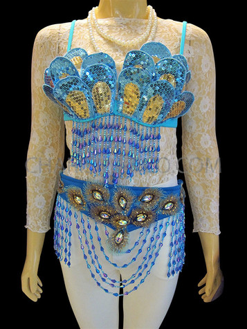 Diva Blue Beaded Fringe Carnival Bra With Matching Belt Thong