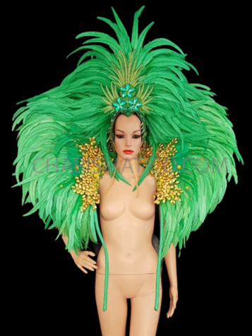 Exotic Gold Bead Accented Grass Green Feather Samba Backpack Headdress set