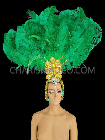 Gold Bead and Sequin Glorious Green Ostrich Feather Samba Headdress