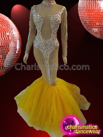 Sexy Nude-Illusion Crystal Embellished Mermaid Gown With Yellow Organza Skirt