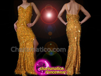Slinky Sexy Golden Yellow Iridescent Gold Sequin Fringe Pageant Gown