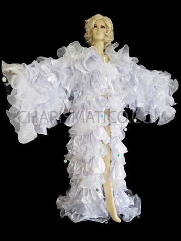 Shimmering White Organza Ruffle Boa Drag Queen Coverup Showtime Coat