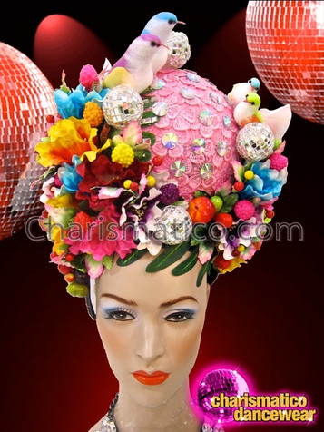 Lovebird Accented Pink Based Bridal Tropical Flower Diva Cabaret Headdress