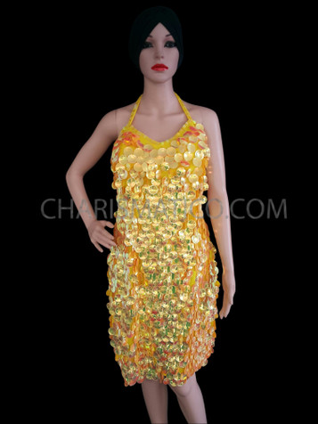 Iridescent Fiery Yellow 3D Sequin Halter Style Latin Dance Dress