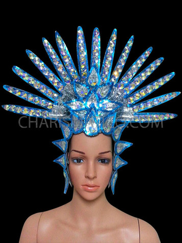 Spiked Crystal And Silver Accented Blue Glitter Showgirl's Cabaret Headdress