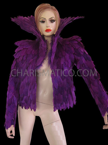 Exotic Sleek High Collar Feather Diva Jacket In Royal Purple