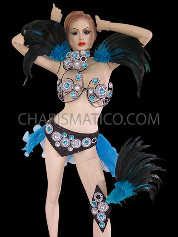 Black, Blue And Crystal Accented Cage Bra Samba Costume Set