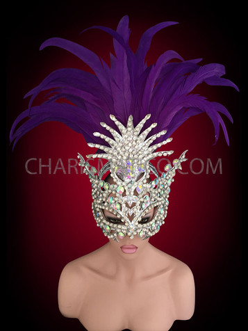 Cabaret Showgirl's Silver Iridescent Crystal Covered Purple Feather Venetian Mask