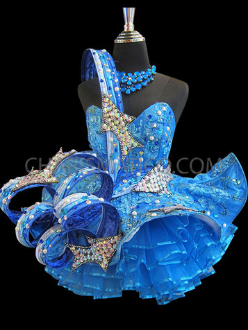 Asymmetrical Diva's Sky Blue Ruffled Crystal Accented Fluffy Dolly Mini-Dress