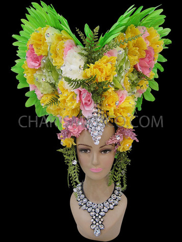 Whipple Styled Crystal Accented Green Spring Colored Flower Feather Headdress