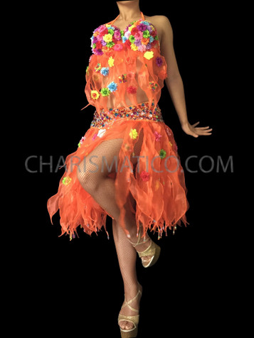 Floral Accented Orange Organza Flame Ruffled Tropical Hawaii Dance Dress