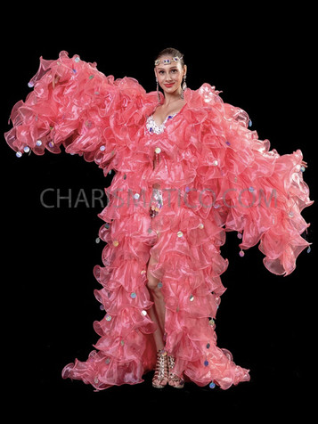 Jumbo Sequin Embellished Coral Pink Organza Ruffle Drag Queen Coat