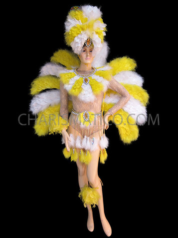 Yellow And White Boa Feather Brazilian Rio Carnival Costume Set