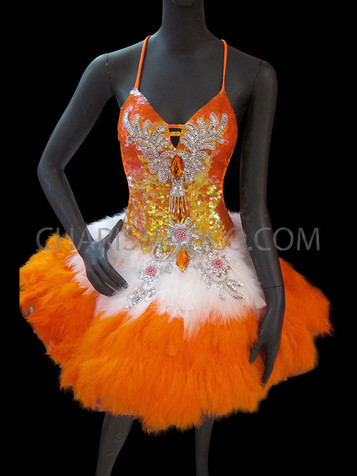 Halter Style White Accented Orange Sequin Feathered Latin Dance Dress