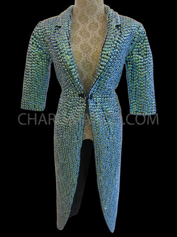 Diva's Shimmering Blue Beaded Victorian Morning Suit Jacket For Cabaret