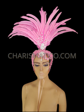 Pink Rooster Feather Showgirl Diva Headdress