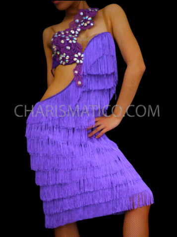 Purple Fringe Crystal Latin Salsa Dance Long Dress