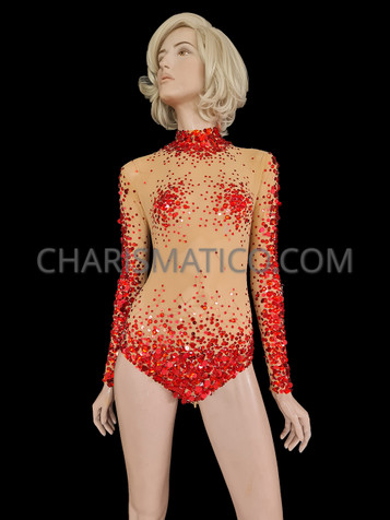 Nude Illusion Red Sequin Accented Dance Bodystocking