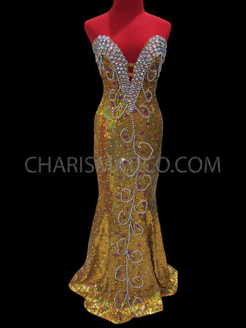 Ornately Crystal Embellished Sleek Metallic Gold Sequin Strapless Pageant Gown