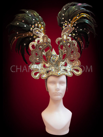 Crystallized Double Fan Plume Silver Glitter And Black Feathered Headdress