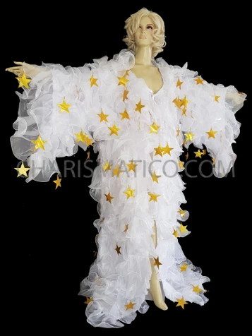 White Organza Drag Queen Ruffle Coat With Large Gold Star Sequin