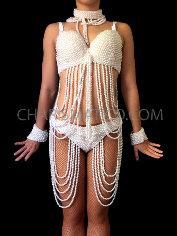 Pearl Embellished White Bra, Beaded Mermaid / Burlesque Costume Bra Top 40c  -  Canada