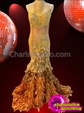 Bronze Lace Sheer Gown With Copper Accented Ribbon Ruffled Skirt