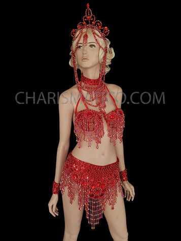 Red Samba Rio Carnival Cage Bra Set With Headdress