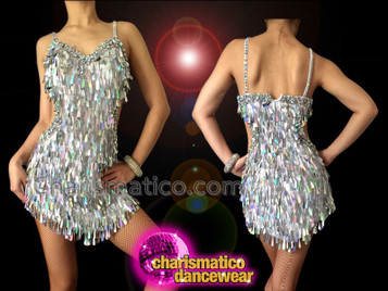 Sexy Side Cutout Iridescent Silver Teardrop Sequin Latin Dance Dress