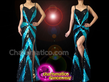 Figure Flattering Sky Blue And Black Iridescent Sequin Pageant Gown