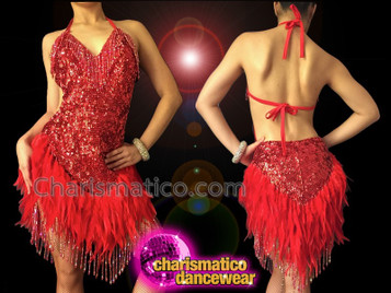 Sexy Red Feather Accented Sequin Halter Style Latin Dance Dress
