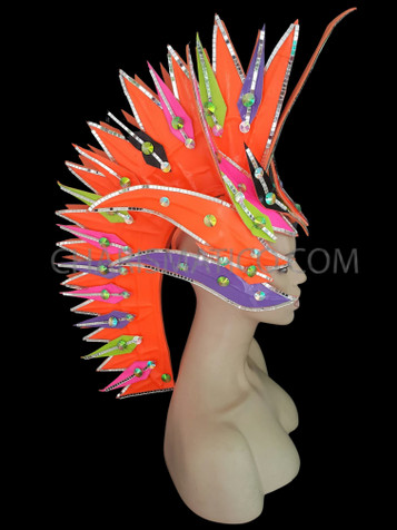 Brightly Accented Neon Orange Spiked Mohawk Diva Drag Queen Headdress