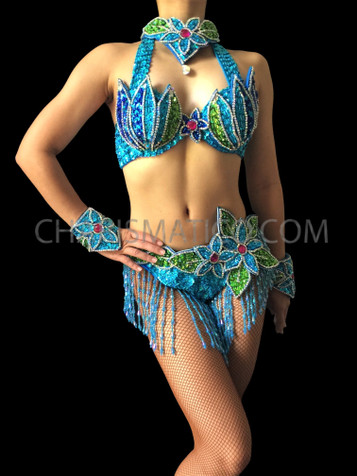 Blue Toned Sequined Floral Style Showgirl's Bra And Thong Set