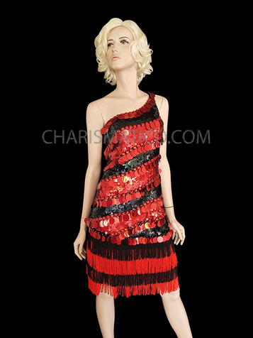Black and Red Diva Sequin Loose Dance Dress with Fringe