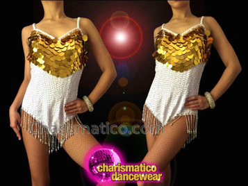 White Sequin Beaded Fringe Dance Leotard With Golden Jumbo Sequins
